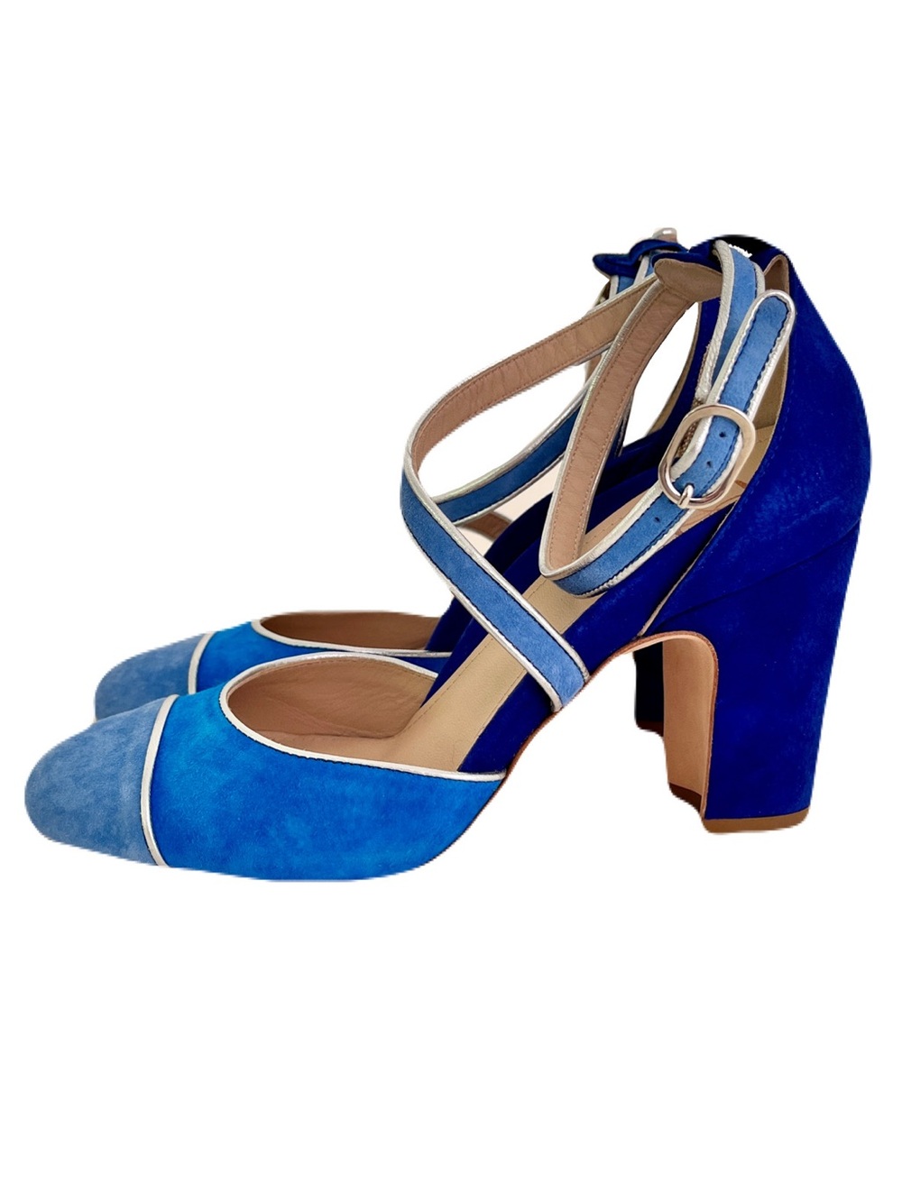 Mavette Blue Suede Monochrome Colorblock ‘Nola’ d’Orsay Strappy Pumps, Size 3